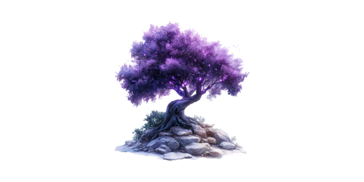 Majestic Purple Tree Rocky Terrain. Enchanted Nature And Mystical Landscape Isolated On Transparent Background