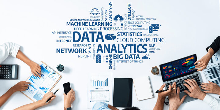 A collaborative business scene featuring professionals analyzing data and discussing analytics concepts, highlighting the significance of machine learning and big data in decision-making. Amity - Powered by Adobe