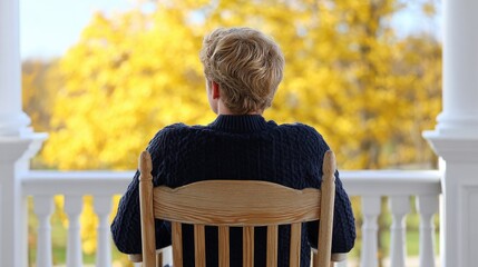 A person sits on a wooden rocking chair on a porch, looking at a brightly lit yellow autumn tree.
