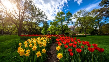 A vibrant garden scene showcases a colorful array of tulips and daffodils, bathed in sunlight, with lush greenery and mature trees creating a picturesque spring setting.