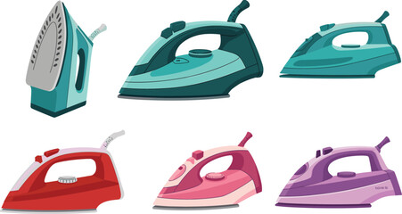 Colorful electric irons collection, modern steam iron set, household ironing tools, vector illustration of flat irons, clothes pressing equipment, home appliance icon clipart