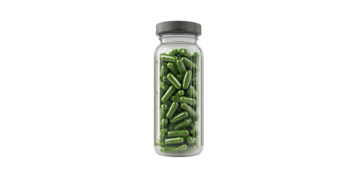 Green Capsules In Bottle. Dietary Supplements And Health Nutrition Concept Isolated On Transparent Background - Powered by Adobe