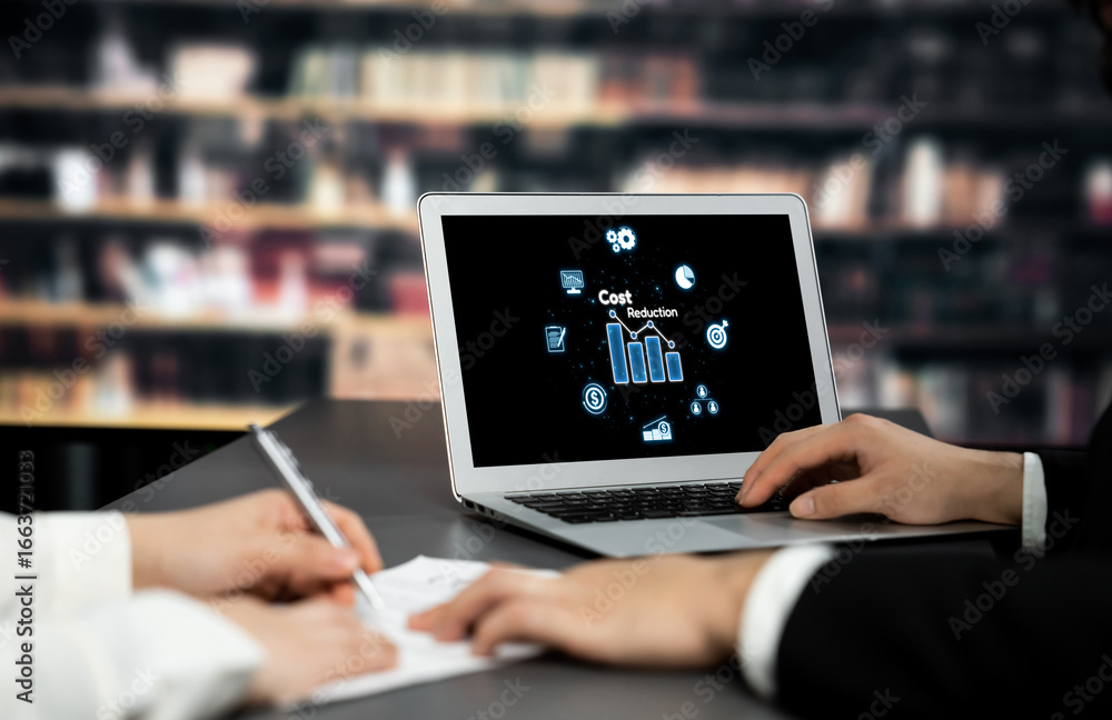 Poster cost reduction, cost saving concept shown on computer screen brisk, corporate business efficiently s