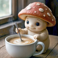 A whimsical mushroom munchkin stirs a steaming cup of coffee by the window