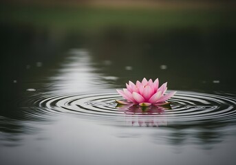 Serene ripples from a blooming lotus. A beautiful pink water lily creates gentle rings in a calm pond. A peaceful image for meditation, spa, and wellness.