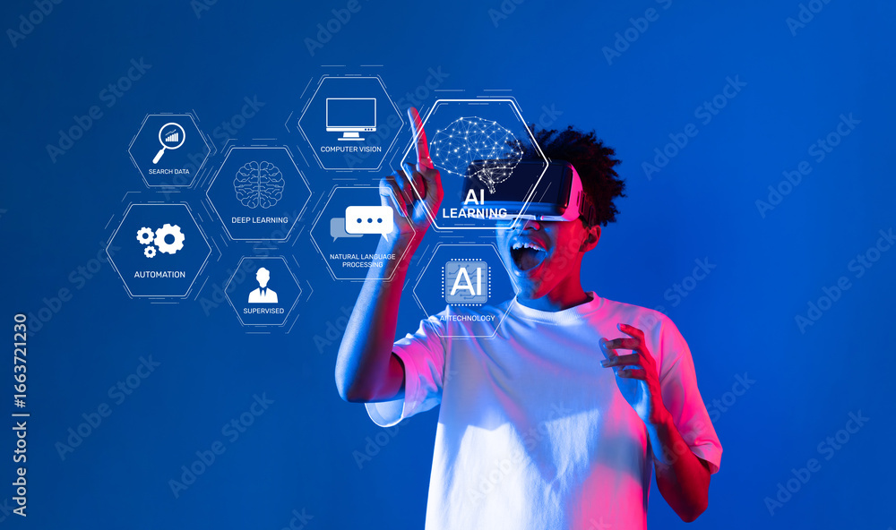 Aufkleber a young individual explores the capabilities of assistive ai technology through virtual reality, hig
