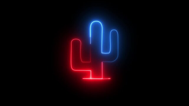 Neon cactus icon animation, color flicker. Glowing neon cactus plant, looped color blink animation. Saguaro cactus icon, western adventure, mexican desert, wild nature.