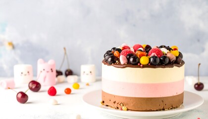 A vibrant layered cake, adorned with colorful candies and fresh berries, sits on a white plate against a soft backdrop.