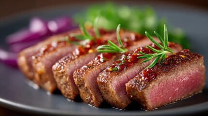 A plate of meat with a sauce and herbs on top