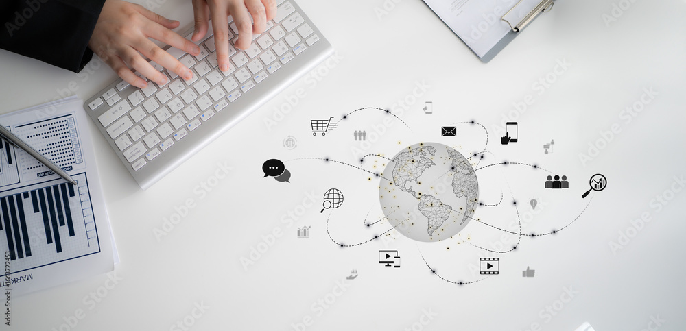 Poster visualization of global digital communication and online across multiple platforms, including global