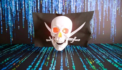 A 3D model of a skull and crossbones flag, displayed against a backdrop of flowing digital code.