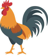 Colorful rooster standing proudly, farm animal illustration, rural poultry, cartoon chicken, domestic bird, countryside livestock, vector clipart for education