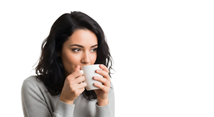 A woman enjoying a warm drink from a white mug.