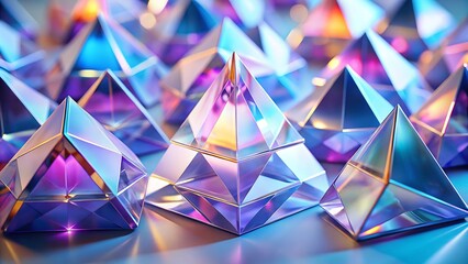 A collection of shimmering crystal pyramids with multifaceted surfaces reflecting vibrant purple and blue light in a soft focus