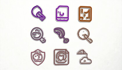 Collection of Nine 3D Digital Icons Representing Technology and Business Concepts.