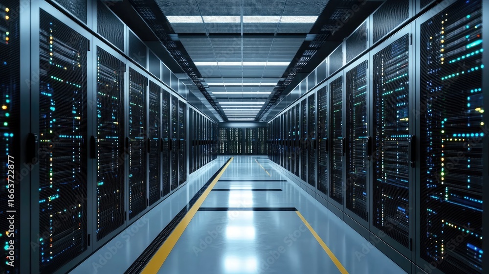 Poster futuristic data center with rows of illuminated server racks and advanced computer equipment, perfec