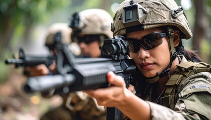 Fototapeta premium Focused soldier aiming rifle in jungle