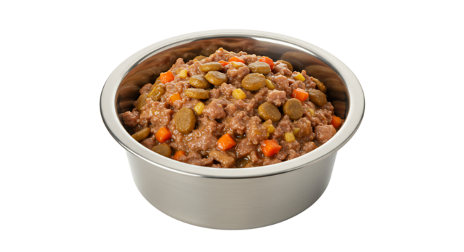 Close-up shot of a metal bowl filled with dog food.