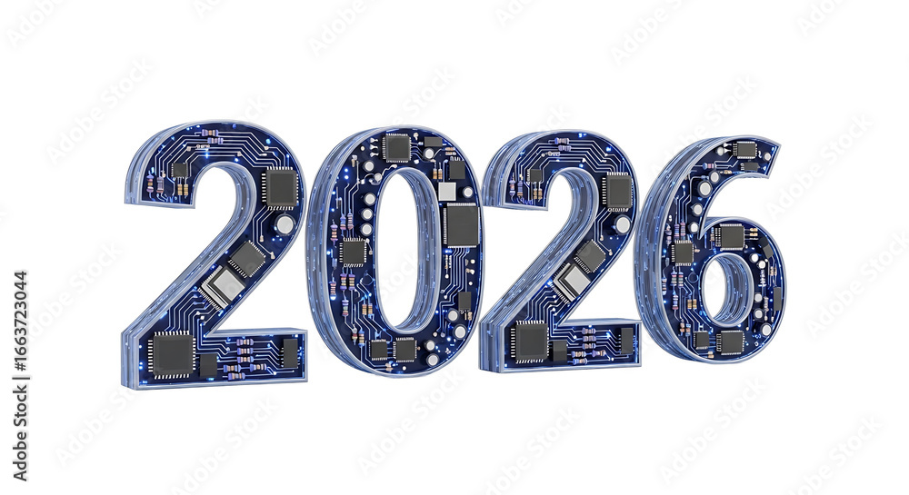 Poster a 3d render of the year 2026 created from circuit board material.