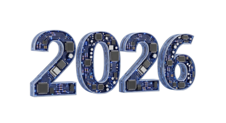 A 3D render of the year 2026 created from circuit board material.