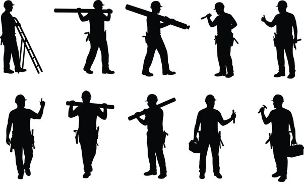 Construction worker silhouettes, tools and ladder illustration, labor man icon set, black vector builder clipart, contractor professional figure, handyman isolated toolbox graphic art.