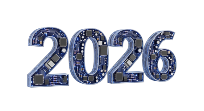A 3D render of the year 2026 created from circuit board material.