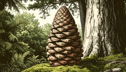 Detailed illustration of a large, brown pine cone nestled amidst a lush, green forest environment.