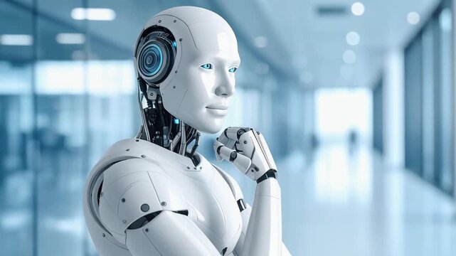 Futuristic android robot deeply analyzing data and processing information for the next step in a high-tech modern office, showcasing advanced AI intelligence and cutting-edge robotics technology