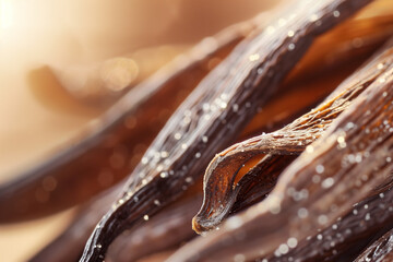 Close-up of natural vanilla pod and seeds.
