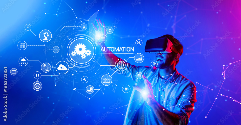Poster a man interacts with a holographic display showcasing automation concepts in a vibrant digital envir