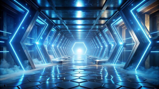 Futuristic blue neonlit corridor with hexagonal patterns and glowing lights, creating an abstract and technologically advanced atmosphere