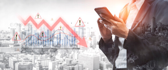 Economic caution visualized with fluctuating market graph, alert symbols, and negative data trends....
