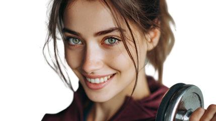 Smiling woman holding a dumbbell isolated on transparent background during workout