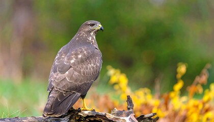 A watchful bird of prey perched atop a fallen log, showcasing autumnal colors in the background.