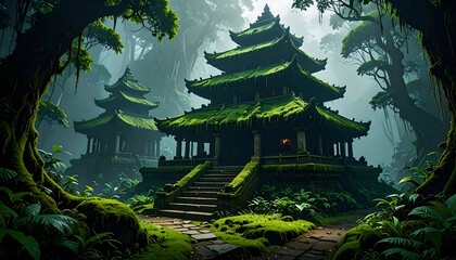 Fototapeta premium Mystical Asian Pagoda in Lush Jungle Setting.