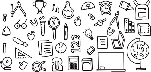 School Supplies Doodle Set – Stationery, Learning, Books, Pen, Pencil, Clipart, Education, Academic, Vector, Hand Drawn, Minimal, Cute, Illustration, Icon, Classroom, Study, Sketch, Cartoon