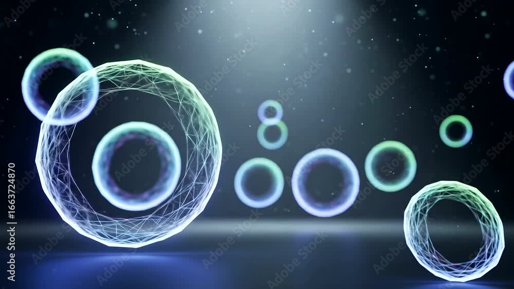 Poster abstract graphic design featuring multiple luminous, interconnected circular shapes.