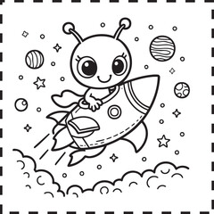 Cute alien riding a rocket through space coloring page