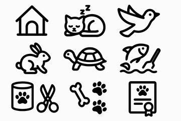 Set of 12 black pet and animal care icons in flat vector style with white background, perfect for adoption centers, apps, and pet stores.