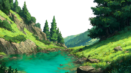 Scenic landscape of a lake surrounded by mountains and forests isolated on transparent background