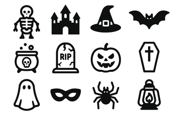 Set of 12 black Halloween scary icons in flat vector style with white background, ideal for apps, websites, and horror theme projects.