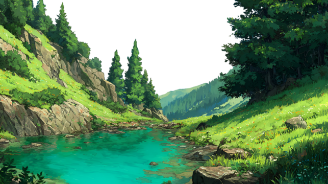 Scenic landscape of a lake surrounded by mountains and forests isolated on transparent background