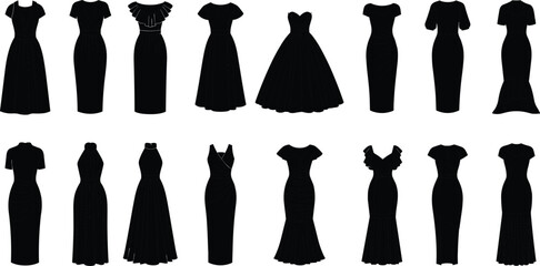 Black Dress Silhouettes Collection – Fashion Flat Sketches Featuring Elegant Evening, Cocktail, and Formal Dresses for Apparel Design and Technical Illustration
