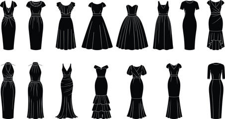 Elegant Black Dress Silhouettes Collection – Fashion Flat Sketches Featuring Evening, Cocktail, and Formal Dress Styles for Apparel Design and Technical Illustration