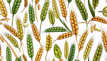A detailed and vibrant seamless pattern showcasing various wheat and barley stalks in shades of green and gold, set against a pure white background.