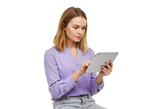 Young woman using a tablet, focused on the screen, browsing or working, transparent background