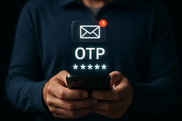 Man receiving otp code via text message for secure mobile login, verification, authentication and online transaction protection