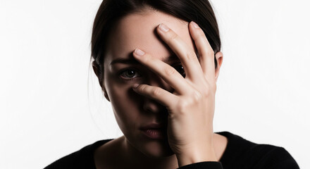 Fototapeta premium A poignant close-up captures a young woman's emotional turmoil, her hand covering part of her face, with one eye revealing a profound sense of sadness and inner struggle