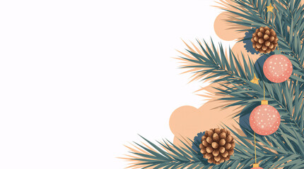 Festive holiday decorations featuring pine branches, ornaments, and pinecones in a cozy winter atmosphere