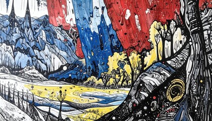 Abstract Landscape with Stylized Trees and Vibrant River.